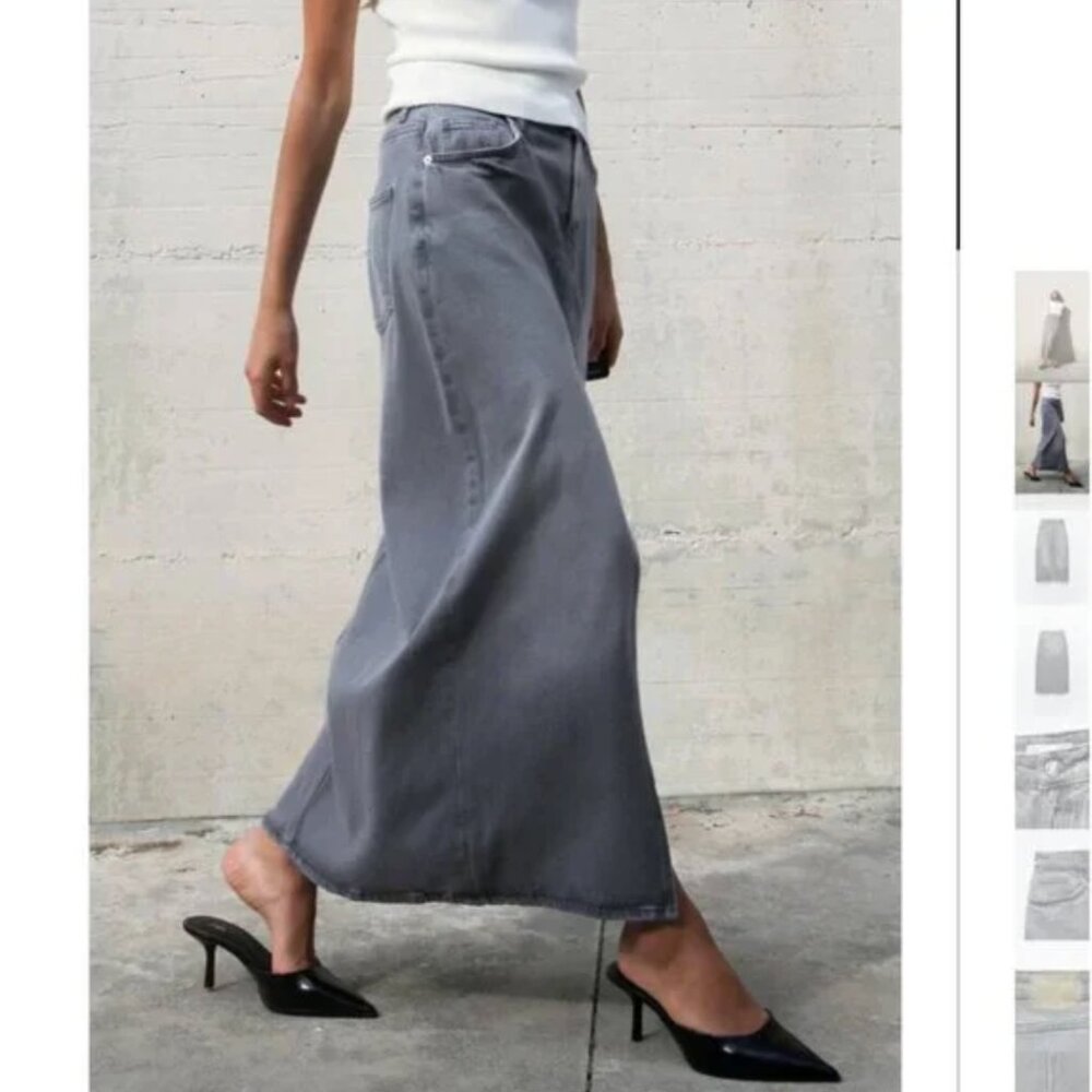 NWT ZARA Z1975 SLIT DENIM MIDI SKIRT GRAY